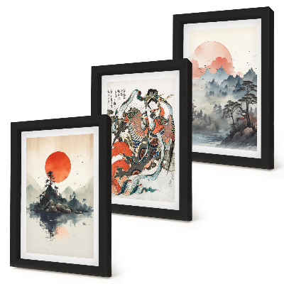 Keretezett triptichon Ázsiai tájképfestmények és portrék Japandi stílusban