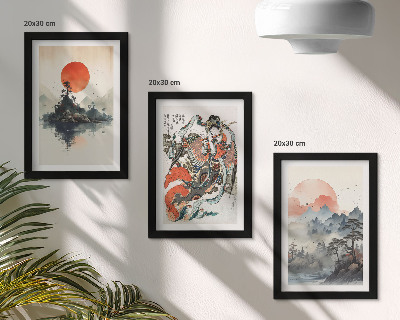 Keretezett triptichon Ázsiai tájképfestmények és portrék Japandi stílusban