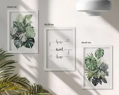 Akvarell Monstera levelek otthon, édes otthon falikép keretezett triptichon kivitelben