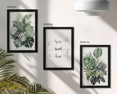 Akvarell Monstera levelek otthon, édes otthon falikép keretezett triptichon kivitelben