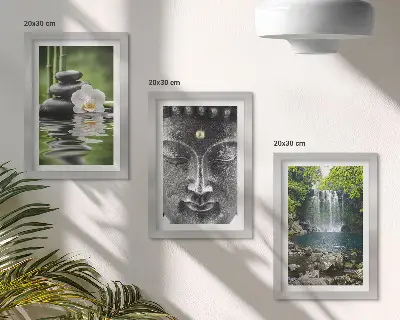 Modern keretezett képszett a természet harmóniáját ábrázoló kövekkel, vízzel és Buddhával