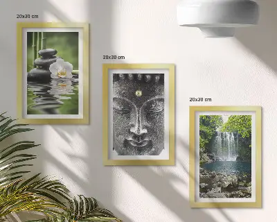 Modern keretezett képszett a természet harmóniáját ábrázoló kövekkel, vízzel és Buddhával