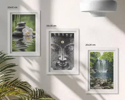 Modern keretezett képszett a természet harmóniáját ábrázoló kövekkel, vízzel és Buddhával