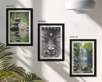 Modern keretezett képszett a természet harmóniáját ábrázoló kövekkel, vízzel és Buddhával