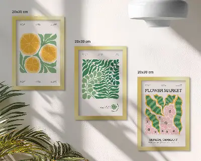Modern keretezett képszett gyümölcs- és növénymotívumos pasztellszínű plakátokkal
