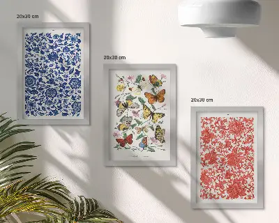 Keretezett triptichon vintage virágok, pillangók és díszek mintával