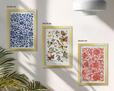 Keretezett triptichon vintage virágok, pillangók és díszek mintával