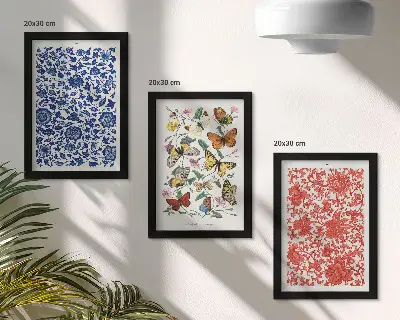 Keretezett triptichon vintage virágok, pillangók és díszek mintával