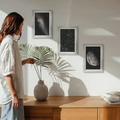 Modern keretezett képszett űrgalaxis csillagokkal és teliholddal