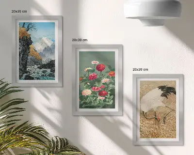 Modern keretezett képszett hegyek a tájban folyóval virágokkal és darvakkal a fűben