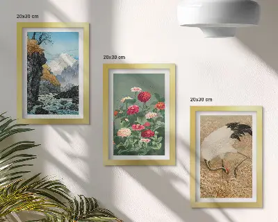Modern keretezett képszett hegyek a tájban folyóval virágokkal és darvakkal a fűben