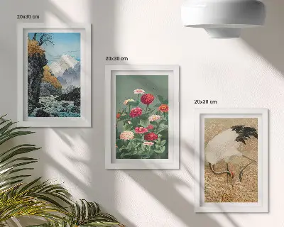 Modern keretezett képszett hegyek a tájban folyóval virágokkal és darvakkal a fűben