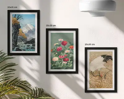 Modern keretezett képszett hegyek a tájban folyóval virágokkal és darvakkal a fűben