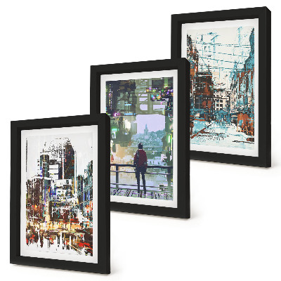 Keretezett triptichon Modern városok színekben, egy alakkal a háttérben