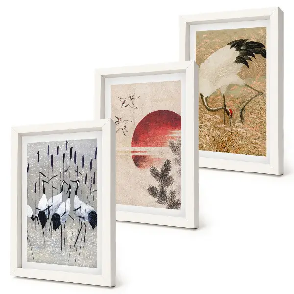 Modern keretezett kép szett japán daru és tájkép illusztrációkkal japandi stílusban