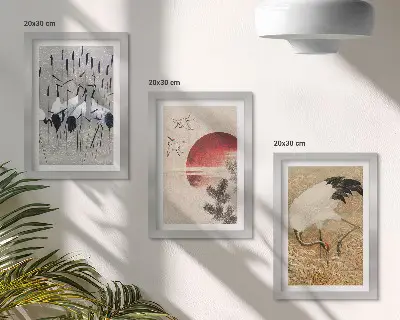 Modern keretezett kép szett japán daru és tájkép illusztrációkkal japandi stílusban