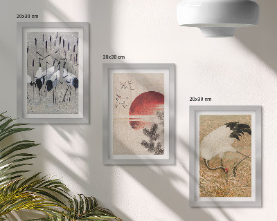 Modern keretezett kép szett Japán daru illusztrációk tájkép japandi