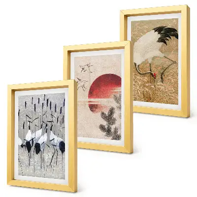 Modern keretezett kép szett japán daru és tájkép illusztrációkkal japandi stílusban