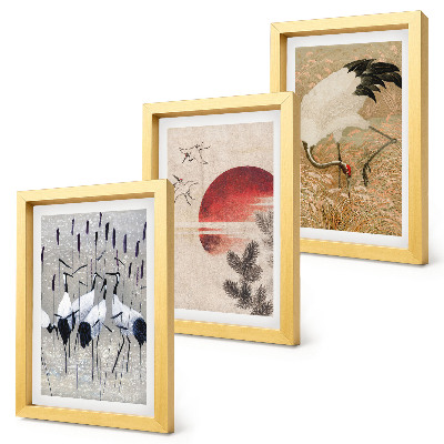 Modern keretezett kép szett Japán daru illusztrációk tájkép japandi