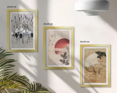 Modern keretezett kép szett japán daru és tájkép illusztrációkkal japandi stílusban