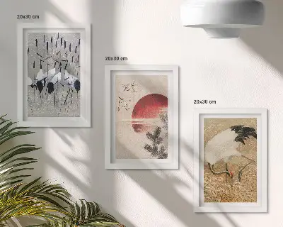Modern keretezett kép szett japán daru és tájkép illusztrációkkal japandi stílusban