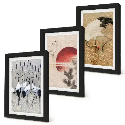 Modern keretezett kép szett japán daru és tájkép illusztrációkkal japandi stílusban