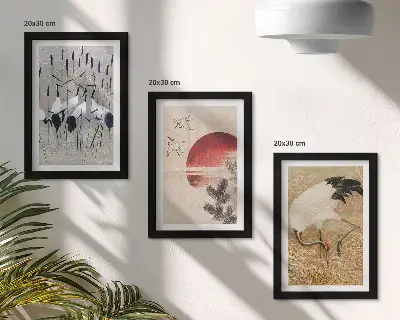 Modern keretezett kép szett japán daru és tájkép illusztrációkkal japandi stílusban