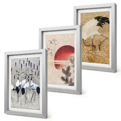 Modern keretezett kép szett japán daru és tájkép illusztrációkkal japandi stílusban