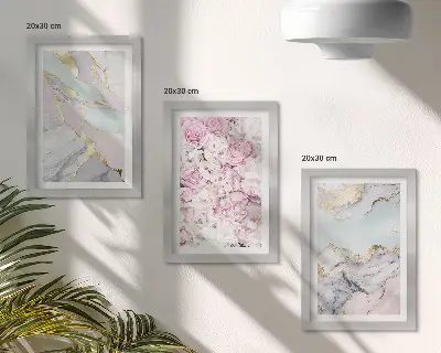 Modern keretezett képszett rózsaszín virágokkal, márvány és pasztell mintákkal