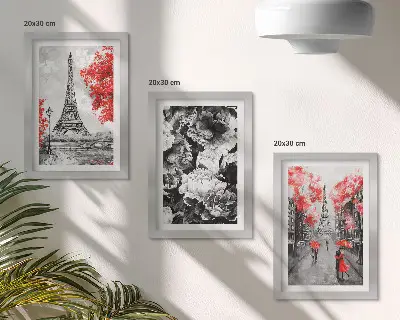 Modern keretezett képszett Eiffel-torony festmény szürke és piros színvilággal
