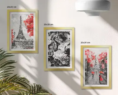 Modern keretezett képszett Eiffel-torony festmény szürke és piros színvilággal