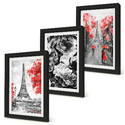 Modern keretezett kép szett Eiffel-torony szürke festményei piros díszítéssel