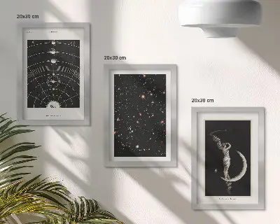Keretezett triptichon naprendszer és galaxis mintás éjszakai tájkép a Holddal