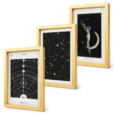 Keretezett triptichon naprendszer és galaxis mintás éjszakai tájkép a Holddal