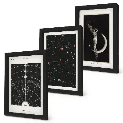 Keretezett triptichon naprendszer és galaxis mintás éjszakai tájkép a Holddal