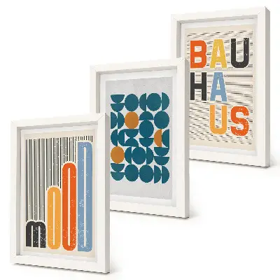 Geometrikus Bauhaus stílusú plakátok keretezett triptichon kivitelben