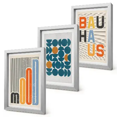 Geometrikus Bauhaus stílusú plakátok keretezett triptichon kivitelben