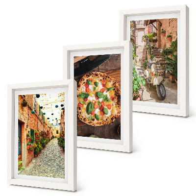 Keretezett triptichon Bájos utcák növényekkel és olasz pizzával