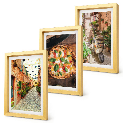 Keretezett triptichon Bájos utcák növényekkel és olasz pizzával