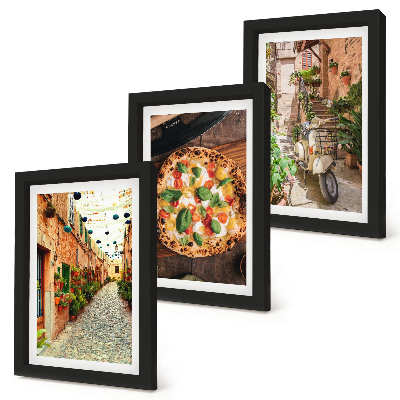 Keretezett triptichon Bájos utcák növényekkel és olasz pizzával