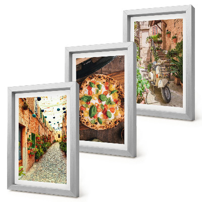 Keretezett triptichon Bájos utcák növényekkel és olasz pizzával