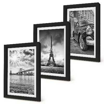 Keretezett triptichon Városi kilátás, hidak, Eiffel-torony, klasszikus autó