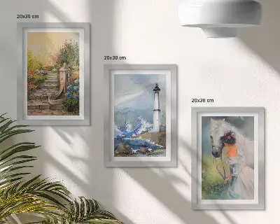 Keretezett triptichon természeti tájak, világítótorony és kislány lóval