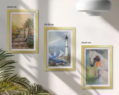Keretezett triptichon természeti tájak, világítótorony és kislány lóval