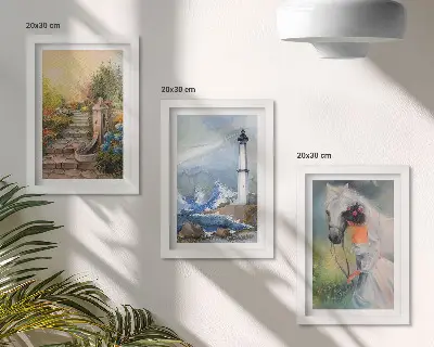 Keretezett triptichon természeti tájak, világítótorony és kislány lóval