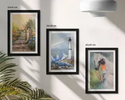 Keretezett triptichon természeti tájak, világítótorony és kislány lóval