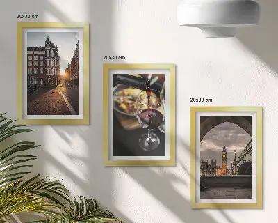 Keretezett triptichon városokat, ételeket és londoni látképet ábrázoló képsorozat
