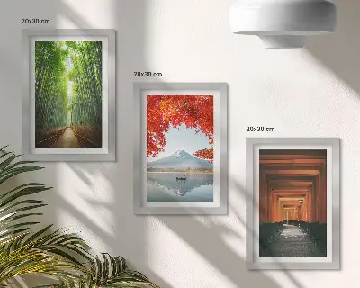 Modern keretezett kép szett bambusz erdő, Mount Fuji és torii ösvény japán tájakkal