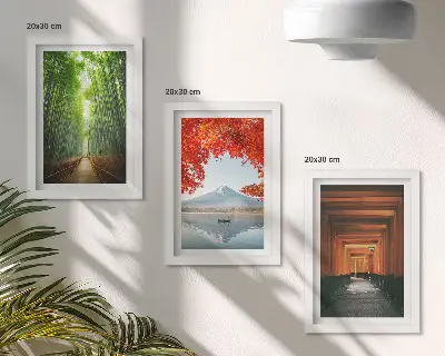 Modern keretezett kép szett bambusz erdő, Mount Fuji és torii ösvény japán tájakkal