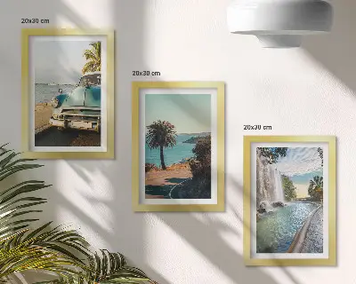 Üdülési tájképek pálmafákkal és vízeséssel keretezett triptichon